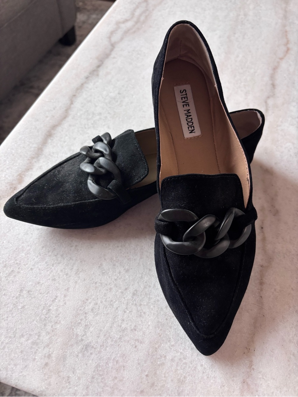 Steve Madden Black Suede Pointed-Toe Loafers with Chunky Chain
